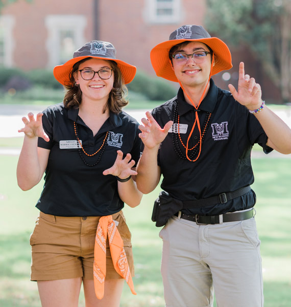 Two students posing for the camera during Orientation